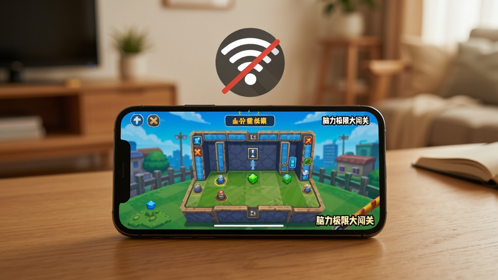 画面中一部手机放置在木质桌面上,手机屏幕显示游戏关卡界面,手机上方有一个带斜杠的Wi-Fi图标表示无网络状态,背景为温馨的室内环境,风格生活化且简洁,布局居中,画质清晰,无多余元素,屏幕角落有“脑力极限大闯关”标识