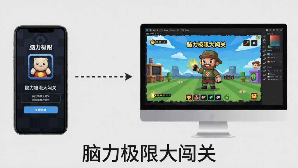 画面展示一部手机和一台电脑并排摆放,手机屏幕显示脑力极限大闯关的安装界面,电脑屏幕显示安卓模拟器运行同一游戏,两者之间用虚线箭头连接,背景为浅灰色,风格扁平化且简洁,布局左右对称,画质清晰,无多余元素,画面下方有“脑力极限大闯关”文字