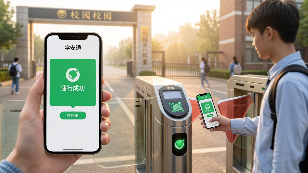 一名学生站在校园门禁闸机前使用手机