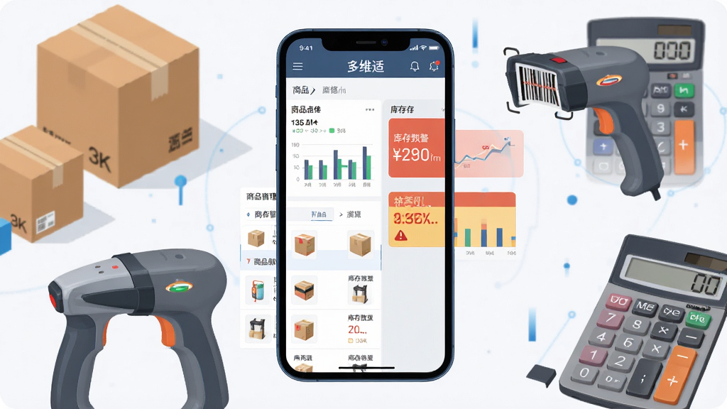 一张展示多维适进销存软件核心功能的场景图,画面中央是一部智能手机,手机屏幕上显示多维适进销存的库存管理界面,左侧为商品列表,右侧为库存数量与预警提示,手机周围环绕着商品纸箱、扫码枪、计算器等元素,布局采用居中构图,风格为扁平化科技风,细节上手机屏幕有清晰的数据图表和商品缩略图,画质为高清2K,干净无多余元素