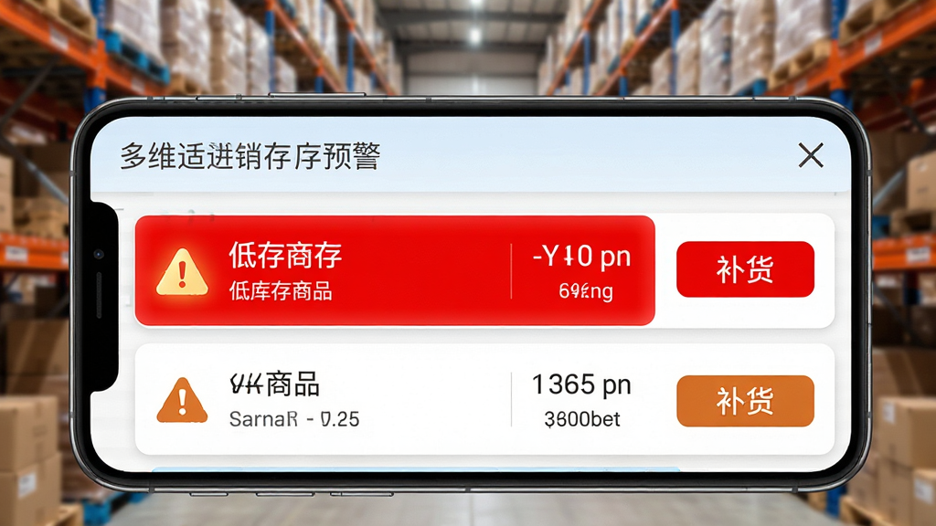 多维适进销存库存预警功能展示图,画面为手机屏幕显示库存预警列表,红色高亮显示低库存商品,旁边有补货按钮,背景为仓库货架虚化场景,布局为上下结构,风格为商务实用风格,细节上预警图标醒目、数据清晰、颜色对比明显,画质为高清,干净无多余元素