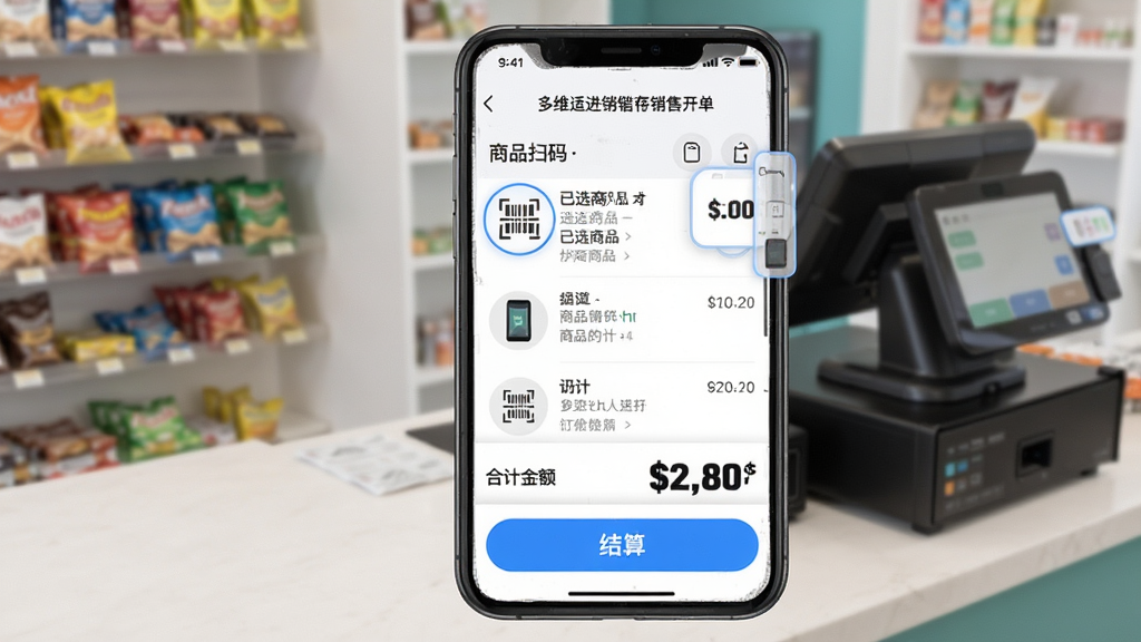 多维适进销存销售开单界面展示图,画面为手机屏幕显示开单页面,包含商品扫码区、已选商品列表、合计金额和结算按钮,背景为店铺收银台场景,布局为上下分区,风格为现代移动应用风格,细节上扫码图标突出、金额字体加粗、操作按钮大而清晰,画质为高清,干净无多余元素