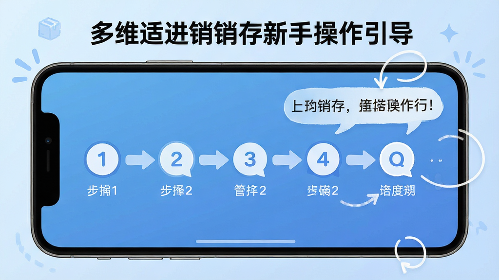 一张展示多维适进销存新手操作引导的示意图,画面为手机屏幕显示软件的新手引导页面,包含步骤指示器和功能标注气泡,背景为淡蓝色渐变,布局为居中展示,风格为友好教学风格,细节上步骤数字清晰、箭头指向明确、文字说明简洁,画质为高清,干净无多余元素