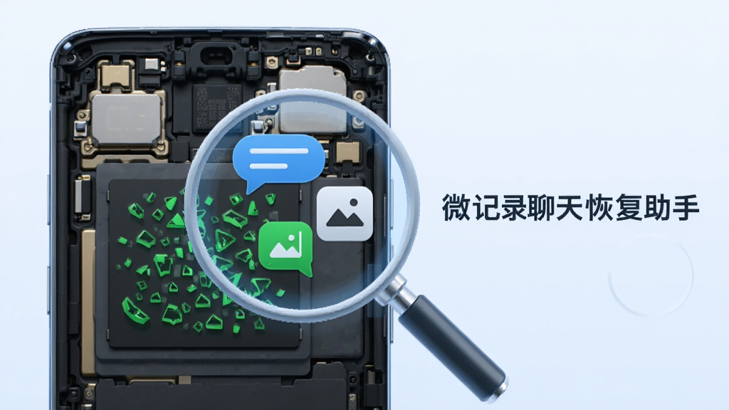 一部安卓手机内部结构透视图,展示存储芯片中散布着绿色的数据碎片,一个放大镜图标正在聚焦扫描这些碎片,碎片被吸附重组为完整的聊天气泡和图片图标,画面右侧有“微记录聊天恢复助手”字样,科技感蓝色调,干净无多余元素,高清画质