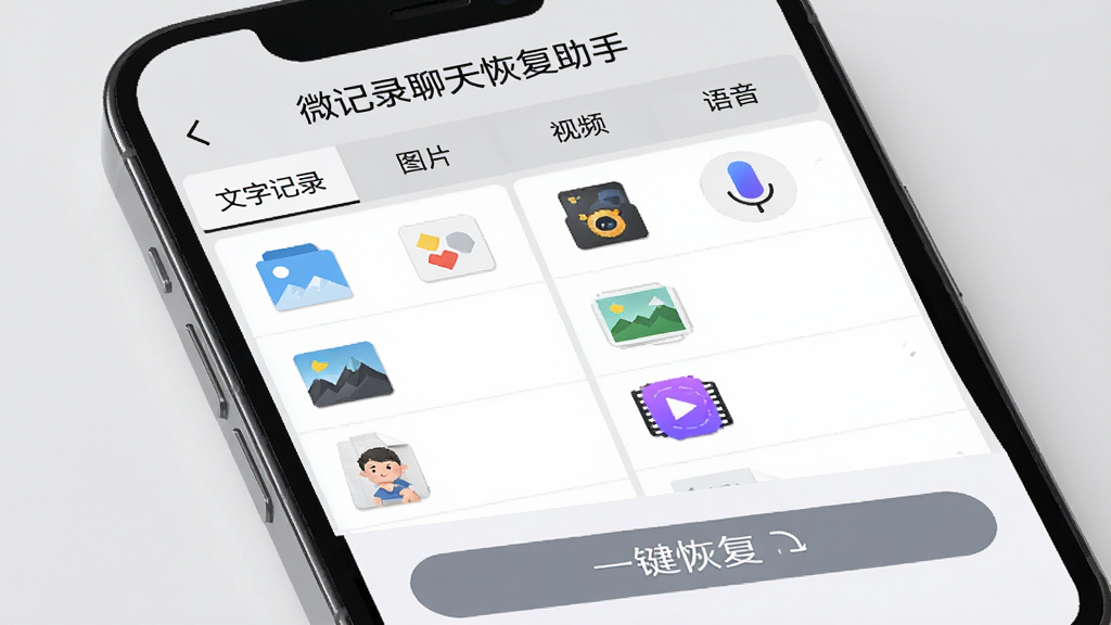 一个手机屏幕显示“微记录聊天恢复助手”的恢复结果界面,界面中分类展示着“文字记录”“图片”“视频”“语音”四个标签页,每个标签下都有对应的文件缩略图列表,屏幕下方有“一键恢复”按钮,背景为浅灰色简洁风格,文字清晰,无杂乱元素,高清画质