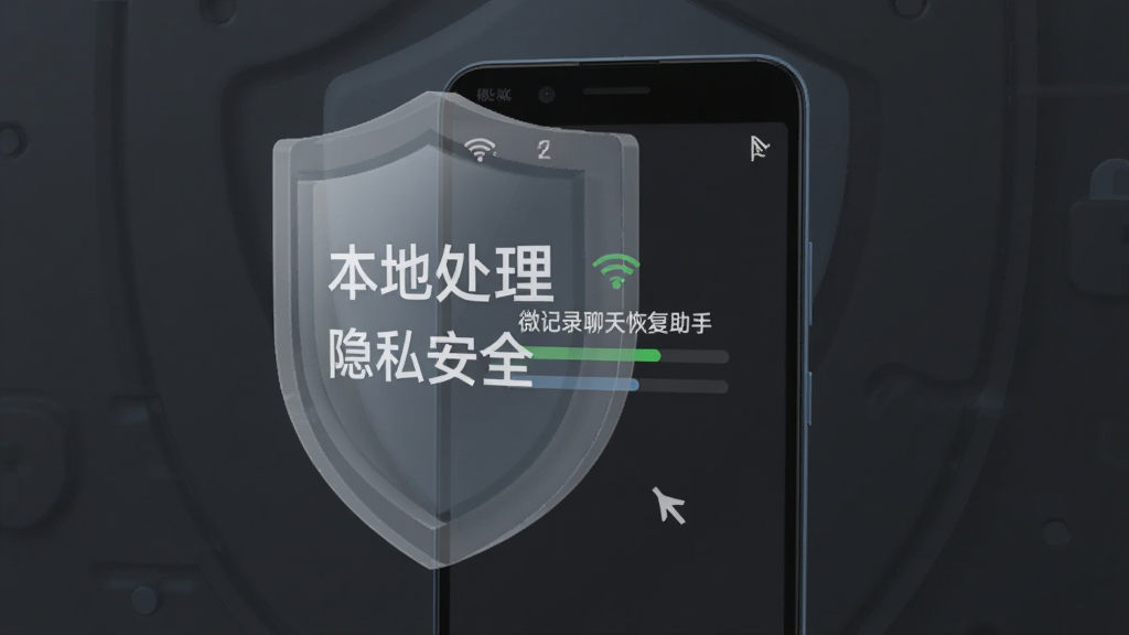 一部安卓手机被一个半透明的盾牌图标保护着,盾牌上写着“本地处理”与“隐私安全”,手机屏幕显示“微记录聊天恢复助手”的扫描进度条,周围没有网络连接图标,强调离线操作,背景为深灰色安全风格,画面简洁干净,无多余元素,高清画质