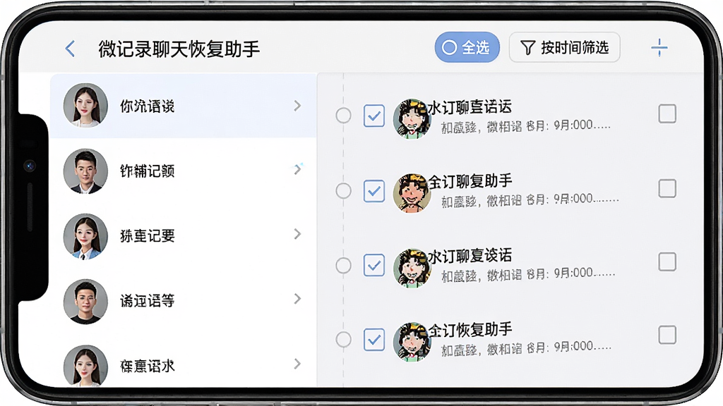 一个手机屏幕显示“微记录聊天恢复助手”的预览界面,左侧是联系人头像列表,右侧是聊天记录时间轴,每条记录前有复选框,屏幕上方有“全选”“按时间筛选”按钮,界面风格清爽,文字清晰,无多余装饰,高清画质