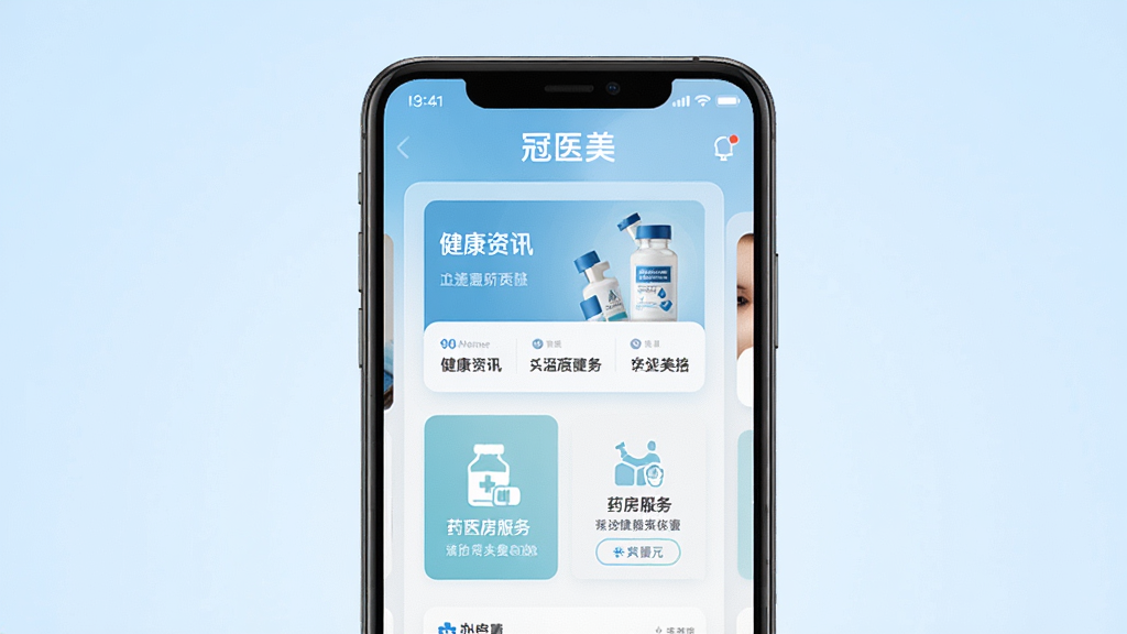 画面中央展示一部智能手机,手机屏幕显示“冠医美”应用主界面,界面中包含健康资讯卡片和药房服务入口,背景为干净的浅蓝色渐变,主体突出,布局居中,风格简洁现代,细节清晰,画质高清,干净,无多余元素