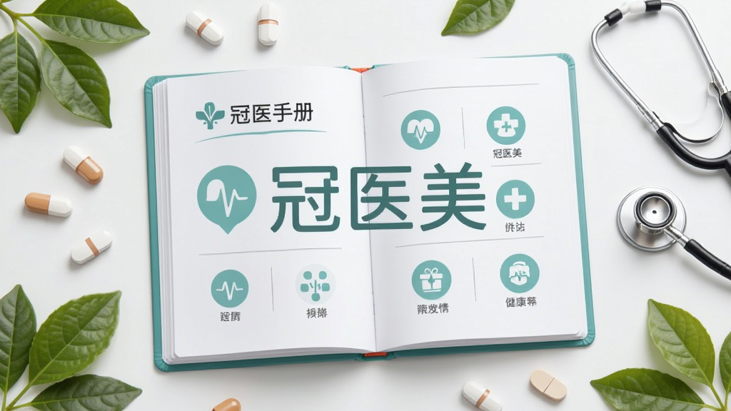 画面主体为一本翻开的电子健康手册,手册页面上显示“冠医美”字样和健康图标,周围环绕药片、听诊器、绿叶等元素,布局采用中心对称构图,风格清新医疗风,细节柔和,画质高清,干净,无多余元素