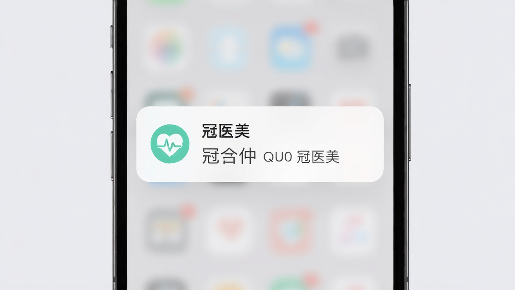 画面中心为手机屏幕弹出“冠医美”消息通知卡片,卡片上有健康提醒图标和文字,背景为柔和的浅灰色,主体清晰,布局简洁,风格现代扁平化,细节干净,画质高清,无多余元素