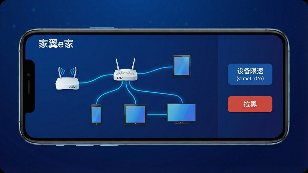 一张科技感十足的网络管理界面示意图,画面主体是一部横向放置的智能手机,屏幕上显示“家翼e家”的网络拓扑图,图中有光猫、路由器、手机、平板和智能电视的图标,设备之间用发光线条连接,界面右侧有设备限速和拉黑按钮,背景为深蓝色渐变,带有细微的网格纹理,整体风格简洁现代,画质清晰,无多余装饰元素。