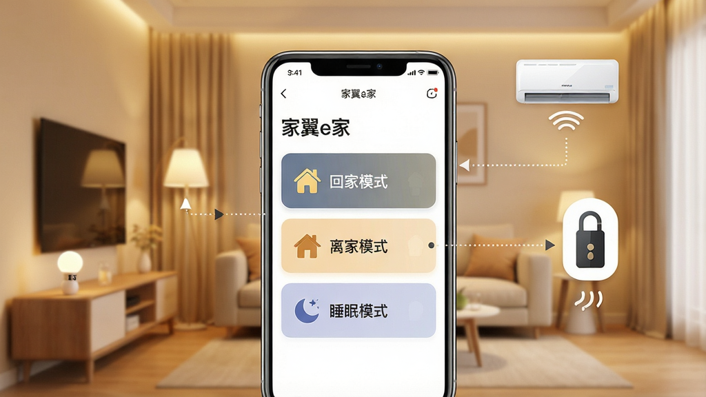 一张智能家居联动控制场景的示意图,画面展示一部手机屏幕显示“家翼e家”的场景设置页面,页面上有“回家模式”“离家模式”“睡眠模式”三个大按钮,手机后方是温馨的客厅背景,智能灯带、空调和智能门锁的图标通过虚线连接到手机,整体色调温暖柔和,风格简约清新,画面干净,无杂乱元素,高清画质。