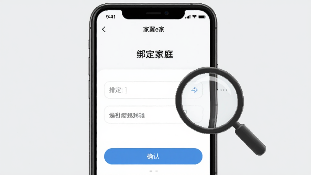 一张手机应用操作引导图,画面展示一部竖屏手机,屏幕上显示“家翼e家”的“绑定家庭”页面,页面上有输入框和确认按钮,手机旁边有一个放大镜图标指向屏幕,背景为浅灰色,风格简洁直观,画质清晰,无多余元素。