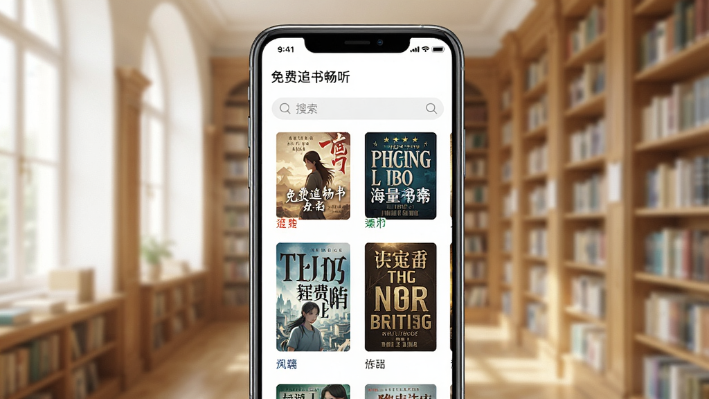 免费追书畅听海量书库界面,画面中手机屏幕显示分类书架,书架上排列着各种题材的小说封面,背景是图书馆风格,布局为网格状书籍展示,风格清新明亮,细节包括分类标签、搜索框、书籍封面上的文字,画质高清,干净,无多余元素