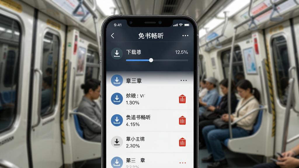 免费追书畅听离线缓存管理界面,手机屏幕显示下载进度条和已缓存章节列表,背景是地铁车厢,布局为列表式,风格简约实用,细节包括下载图标、进度百分比、删除按钮,画质清晰,干净,无多余元素