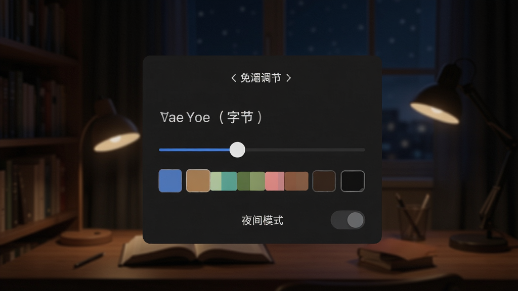 免费追书畅听阅读设置界面,手机屏幕显示字体调节和背景色选择面板,背景是夜晚书房,布局为弹出式设置窗口,风格暗色护眼,细节包括字体大小滑块、背景色块、夜间模式开关,画质清晰,干净,无多余元素