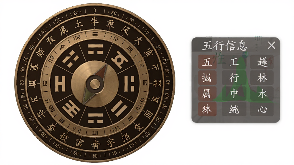 风水罗盘south应用界面截图风格,展示多层同心圆罗盘,从内到外依次标注八卦符号、二十四山向汉字和角度刻度,配色采用仿古铜色与深棕色搭配,界面右侧有一个半透明的信息浮窗显示当前选中山向的五行属性,整体布局工整,画质细腻,干净无多余元素,图片中无文字