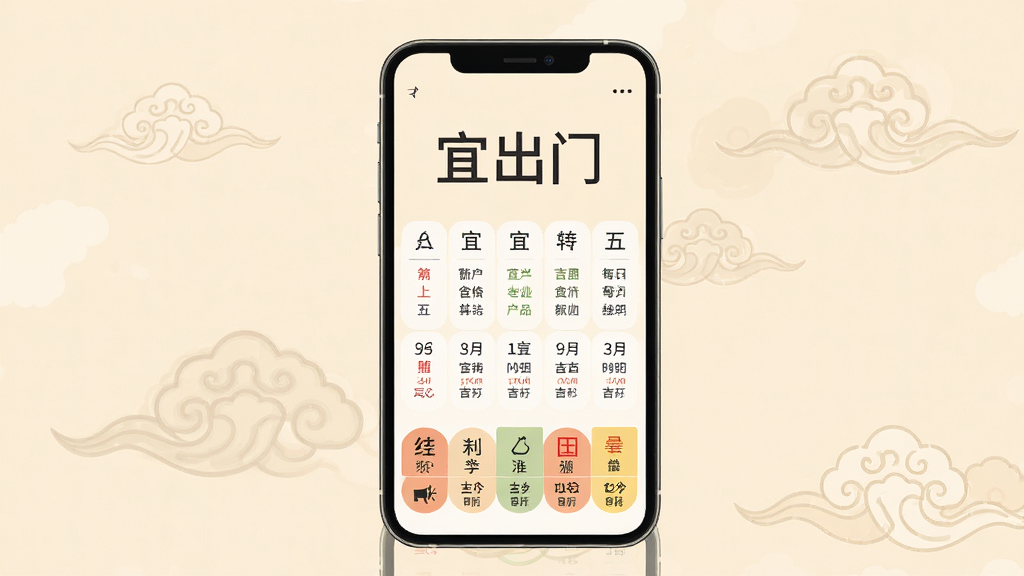 画面中央是一款智能手机,屏幕上显示着简洁的日历界面,顶部有“宜出门”三个大字,下方排列着每日宜忌事项和吉凶时辰,背景是柔和的米黄色,四周点缀着淡淡的祥云纹样,整体风格干净清爽,扁平化设计,画质清晰,无多余元素
