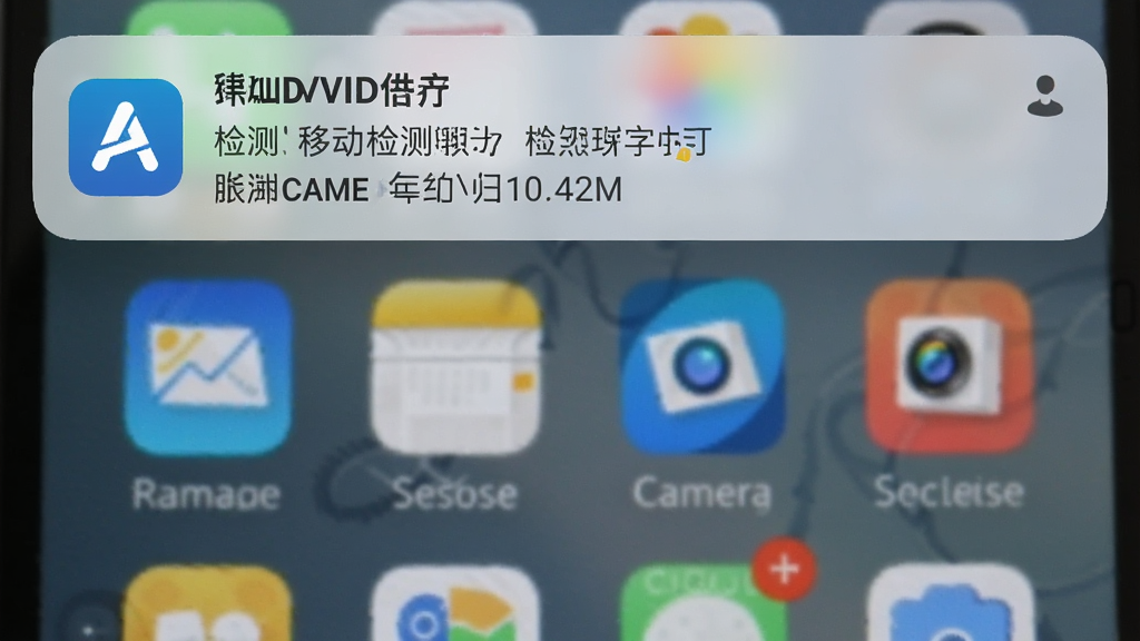 手机屏幕弹出AIDOVID告警通知横幅,通知内容显示检测到移动并附带摄像头名称,背景为手机桌面,布局为顶部横幅居中,排版清晰,风格为真实系统通知样式,细节包含软件图标、通知标题、时间信息,画质高清,干净,无多余元素