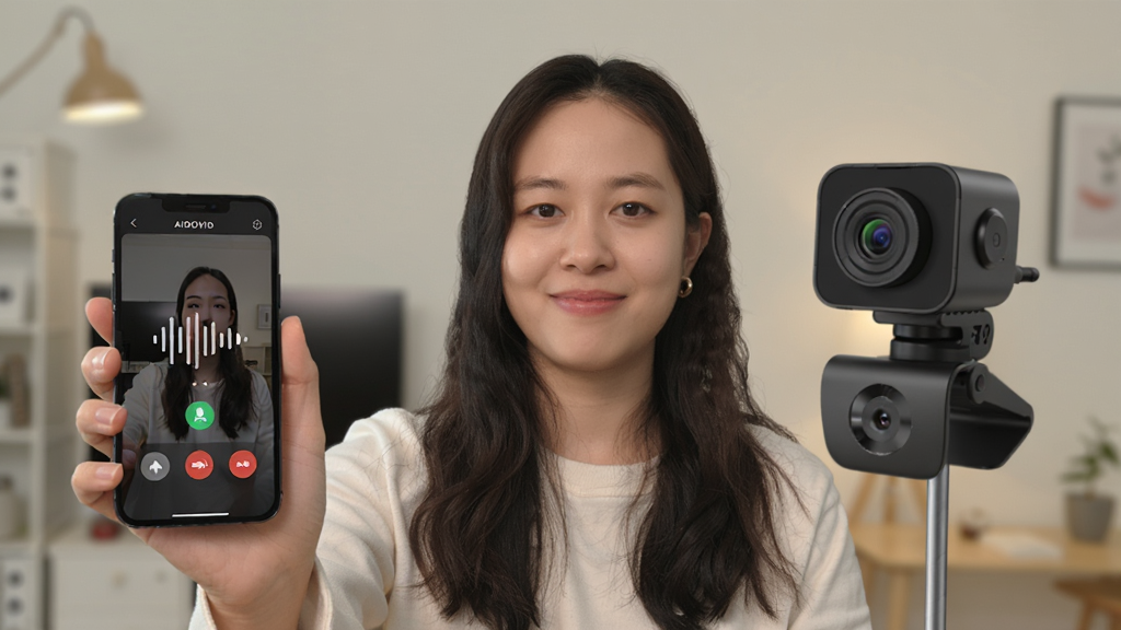 一位用户手持手机通过AIDOVID软件与摄像头端进行语音对讲,画面中显示声波图标,布局为人物半身居中,排版简洁,风格为生活写实风,细节包含手机屏幕中的对讲界面、摄像头设备、室内环境,画质高清,干净,无多余元素