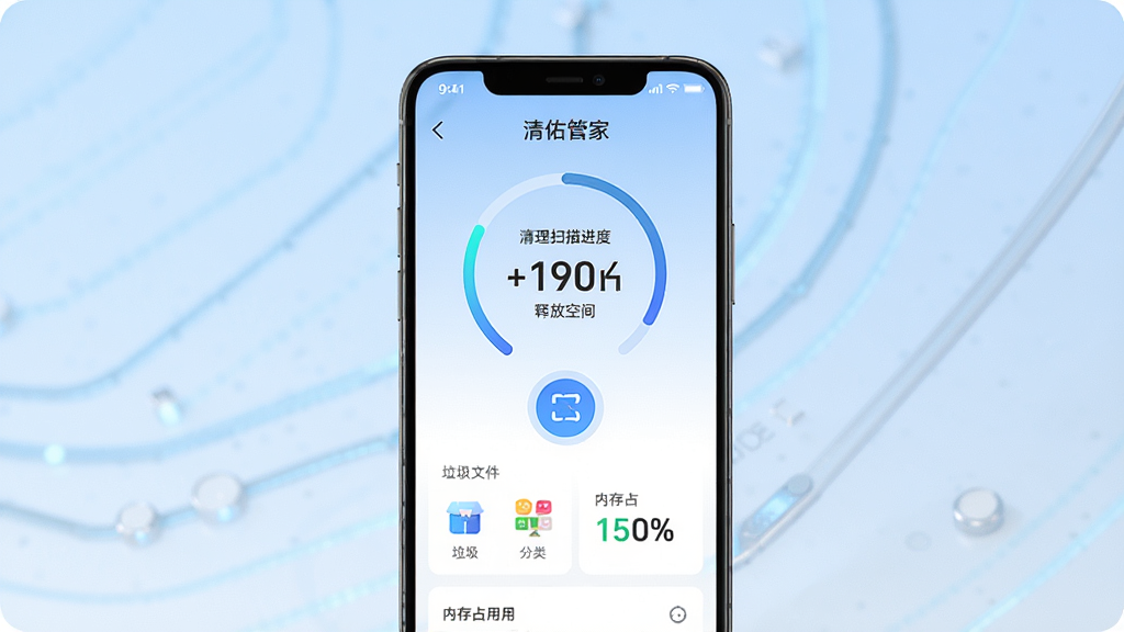 一张手机屏幕展示清佑管家主界面的图片,画面中央是手机正视图,屏幕内显示清理扫描进度环与已释放空间数字,背景为浅蓝色渐变,整体风格简洁科技感,细节包括圆形扫描按钮、垃圾文件分类图标、内存占用百分比,画质清晰,干净,无多余元素