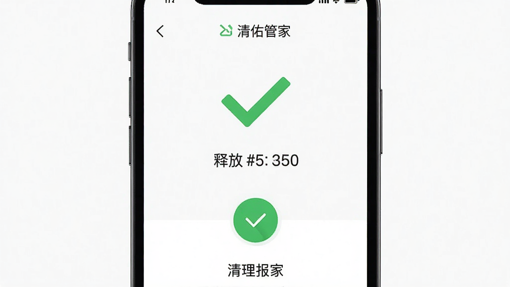 一张展示清佑管家一键清理完成界面的图片,画面中心为手机屏幕,屏幕内显示大大的对勾图标与释放空间数值,布局为居中对称,风格为清新简约,细节包括绿色圆形完成按钮、下方清理报告文字,画质清晰,干净,无多余元素