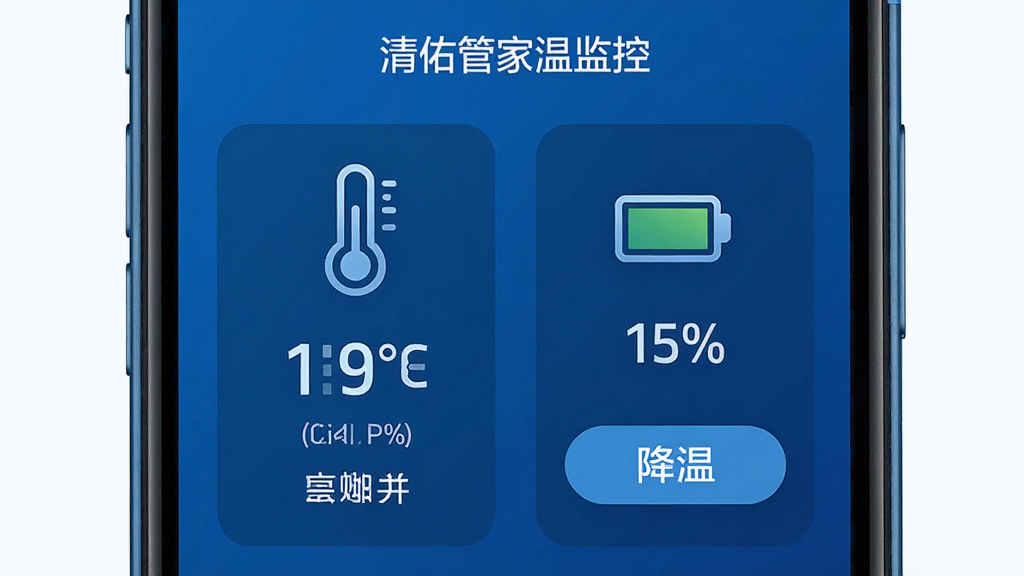 一张展示清佑管家温度监控功能的图片,画面主体为手机屏幕,屏幕内显示温度计图标与电池图标,布局为左右并排,风格为科技蓝调,细节包括温度数值、电池百分比、降温按钮,画质清晰,干净,无多余元素