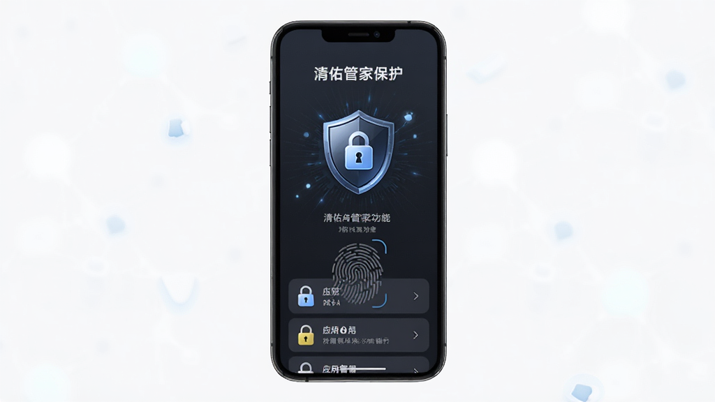 一张展示清佑管家隐私保护功能的图片,画面主体为手机屏幕,屏幕内显示盾牌图标与锁形图标,布局为居中排列,风格为深色安全主题,细节包括指纹识别图案、应用锁列表,画质清晰,干净,无多余元素