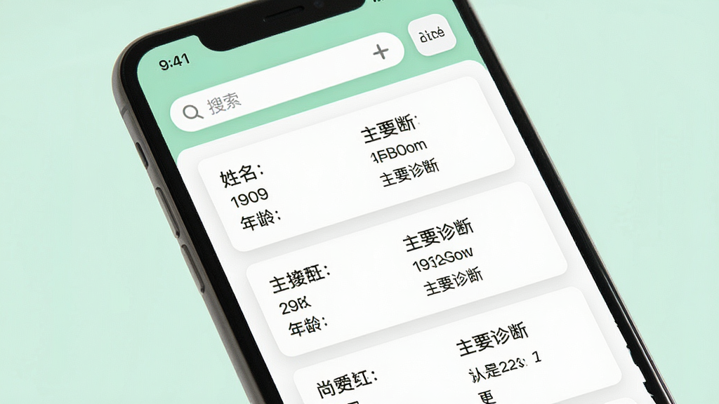 尚医网 患者管理界面特写,手机屏幕显示患者档案卡片列表,每张卡片包含姓名、年龄、主要诊断等字段,屏幕上方有搜索框和筛选按钮,背景为白色与淡绿色搭配,画面简洁明亮,画质清晰,干净无多余元素