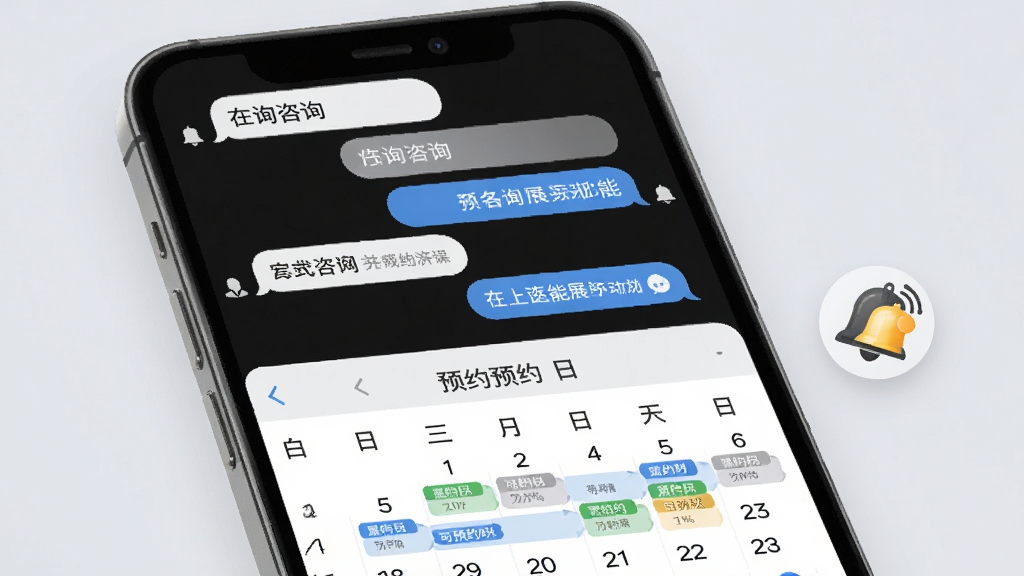 尚医网 在线咨询与预约功能展示,手机屏幕分为上下两部分,上方为咨询对话气泡,下方为预约日历视图,日历中有标注可预约时段,屏幕旁边有铃铛通知图标,背景为柔和浅灰色,风格简约商务,画质清晰,干净无多余元素