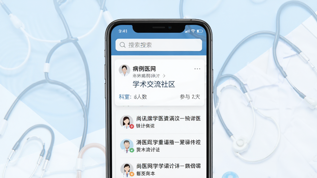 尚医网 学术交流社区界面,手机屏幕显示病例讨论帖子和医学资讯列表,帖子带有科室标签和参与人数,屏幕顶部有搜索栏,背景为淡蓝色与白色交织,风格清新专业,画质清晰,干净无多余元素
