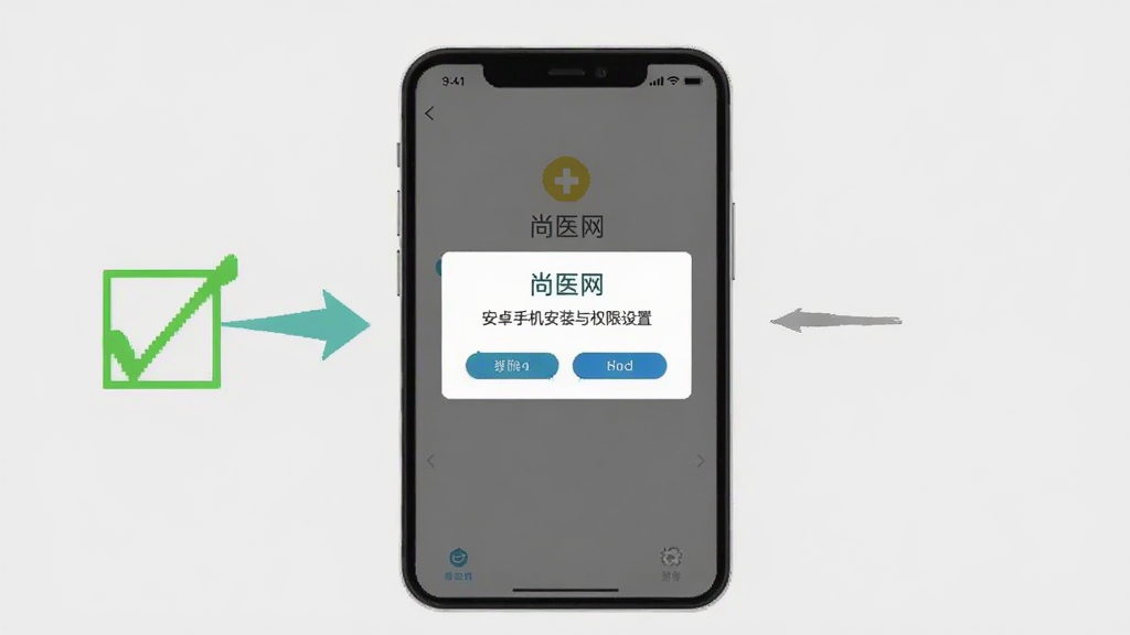 尚医网 安卓手机安装与权限设置示意图,画面中一部手机显示权限授权弹窗,旁边有勾选标记和箭头指引,背景为浅灰色,风格简洁直观,画质清晰,干净无多余元素