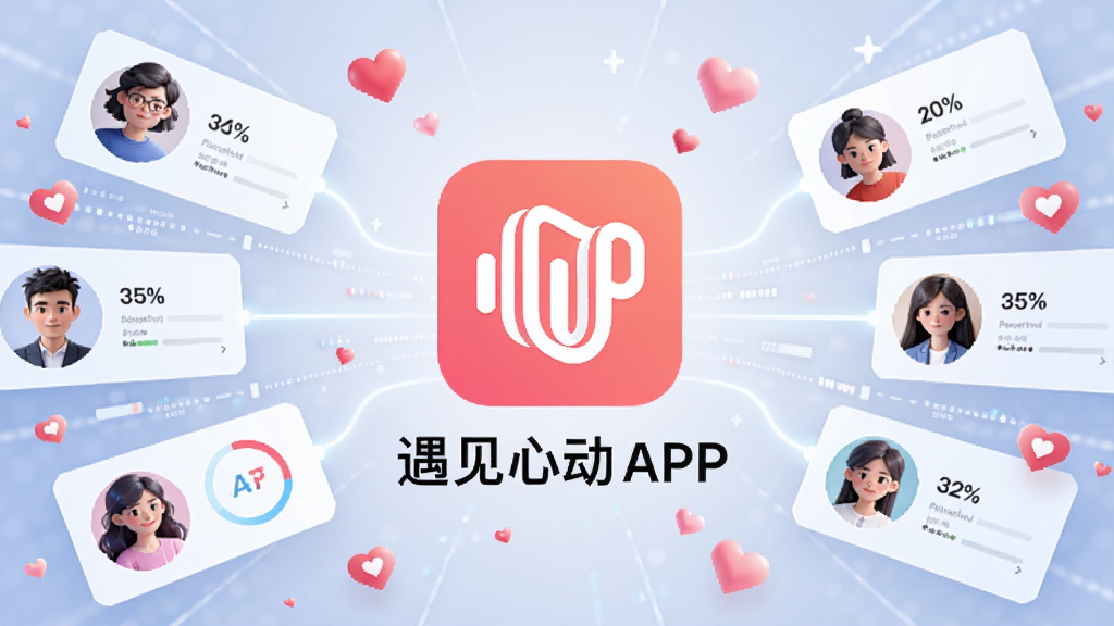 一幅AI生成的插画,画面中央是遇见心动APP的图标与名称,周围环绕着多个用户头像卡片和闪烁的心形符号,布局呈放射状,风格现代科技感与浪漫氛围结合,细节包括数据流线条和匹配度百分比,画质高清,干净无多余元素