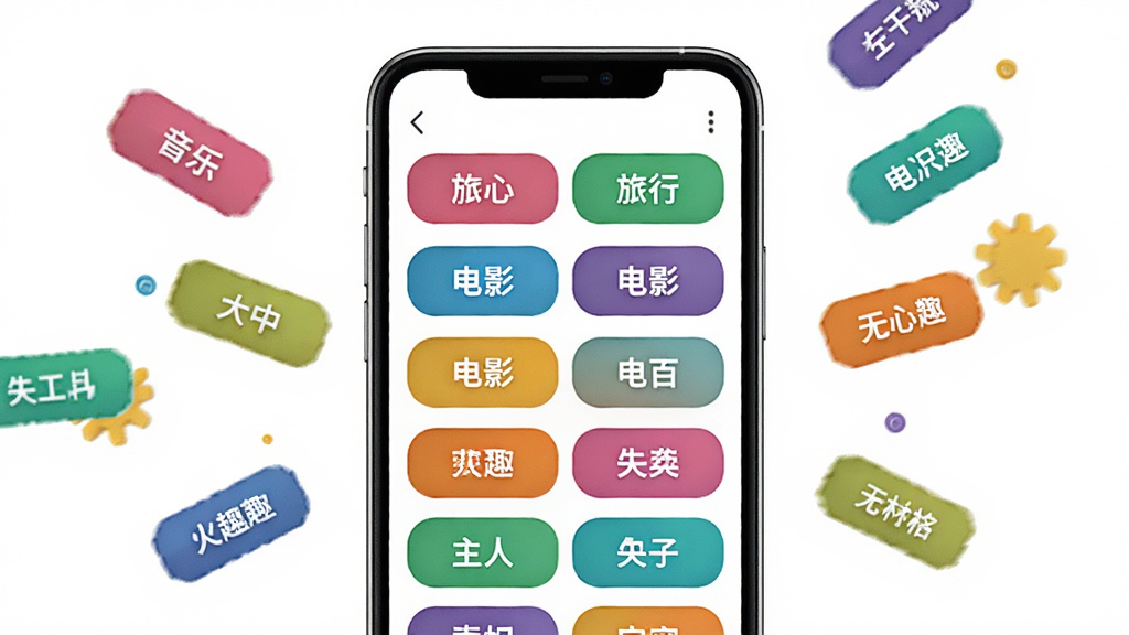 一张展示遇见心动兴趣标签选择界面的手机模型图,手机屏幕上排列着各种色彩鲜艳的兴趣标签按钮,如音乐、旅行、电影等,背景为白色,手机周围有彩色的标签漂浮,风格活泼明快,画质高清,干净无多余元素