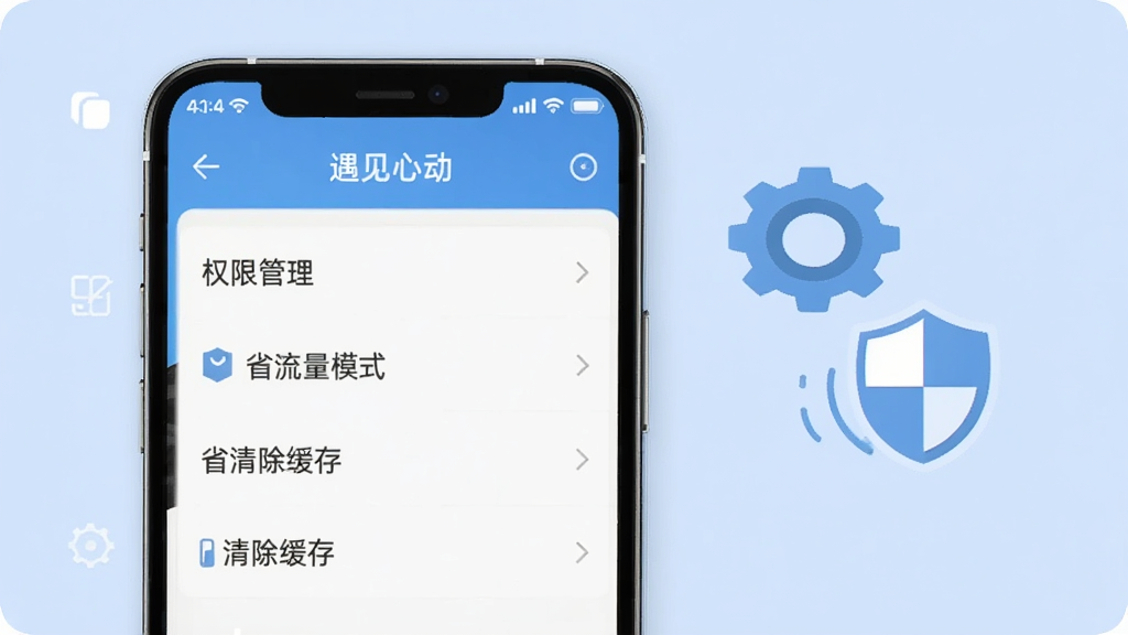 一张展示遇见心动应用设置界面的手机截图风格图片,画面中手机屏幕显示着权限管理、省流量模式、清除缓存等选项,背景为浅蓝色,手机旁边有齿轮和盾牌图标,风格简洁实用,画质高清,干净无多余元素