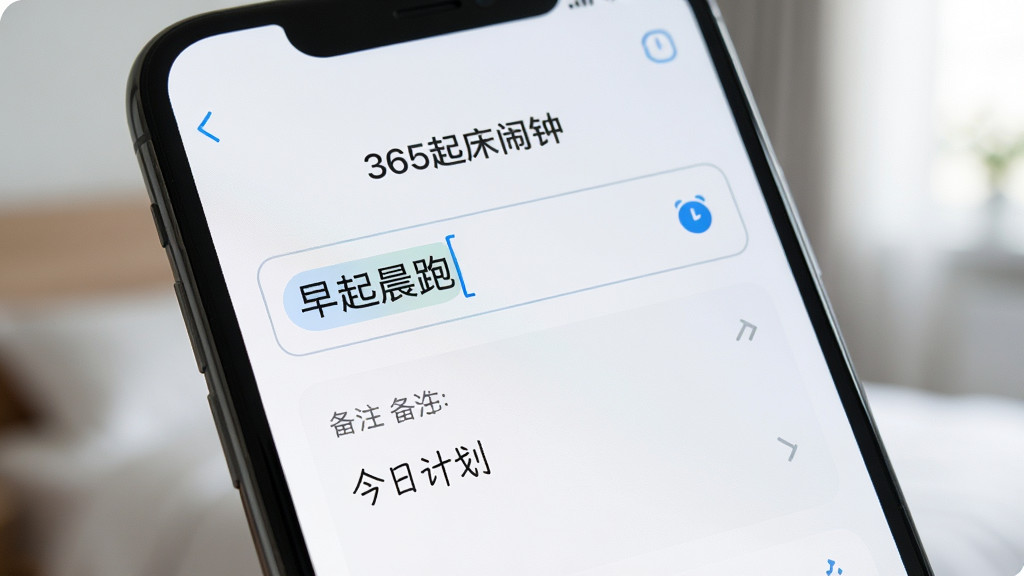 手机屏幕特写,显示“365起床闹钟”的闹钟编辑页面,输入框中有“早起晨跑”的文字标签,下方有备注栏写着今日计划,界面排版整齐,配色清爽,背景虚化处理,风格简约现代,画质高清,无多余元素。