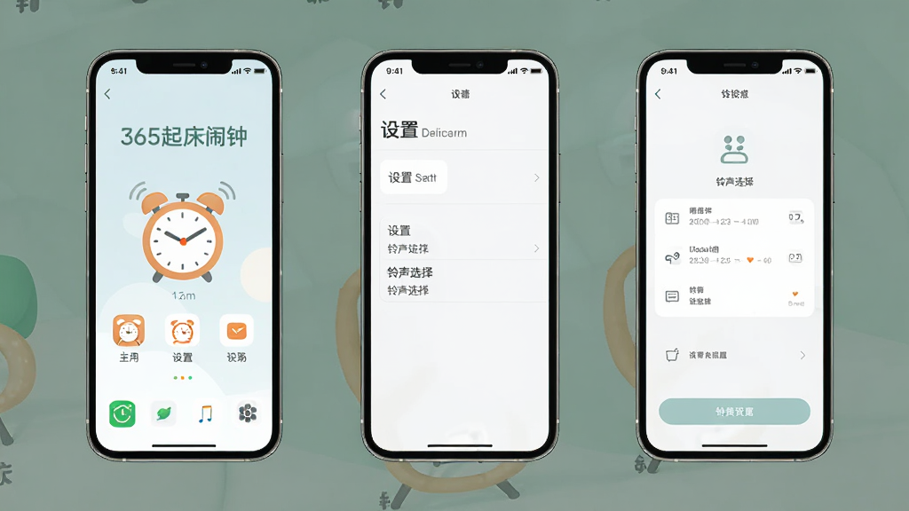 展示“365起床闹钟”软件的整体UI设计,以手机 mockup 形式呈现主界面、设置界面和铃声选择界面三个屏幕,布局采用横向排列,风格统一为浅色极简,细节上突出图标圆角与字体层级,画质干净清晰,无多余装饰。
