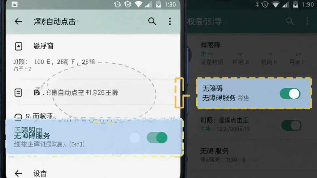 屏幕自动点击王权限设置引导图,画面展示一部安卓手机的设置界面,高亮标注悬浮窗权限与无障碍服务开关,界面风格为系统原生设计,布局清晰,画质干净,无多余元素