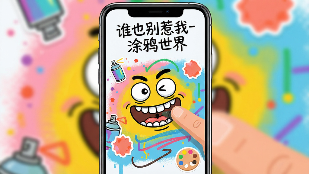 手机屏幕中央展示谁也别惹我-涂鸦世界应用界面,画面主体为一块彩色涂鸦画布,画布上有手指正在绘制夸张的卡通表情和彩色线条,布局为竖屏手机全屏展示,排版上软件名称“谁也别惹我-涂鸦世界”以手写体出现在画布顶部,风格为轻松活泼的扁平插画风,细节包括散落的彩色喷漆点、贴纸元素和调色盘图标,画质清晰,干净,无多余元素