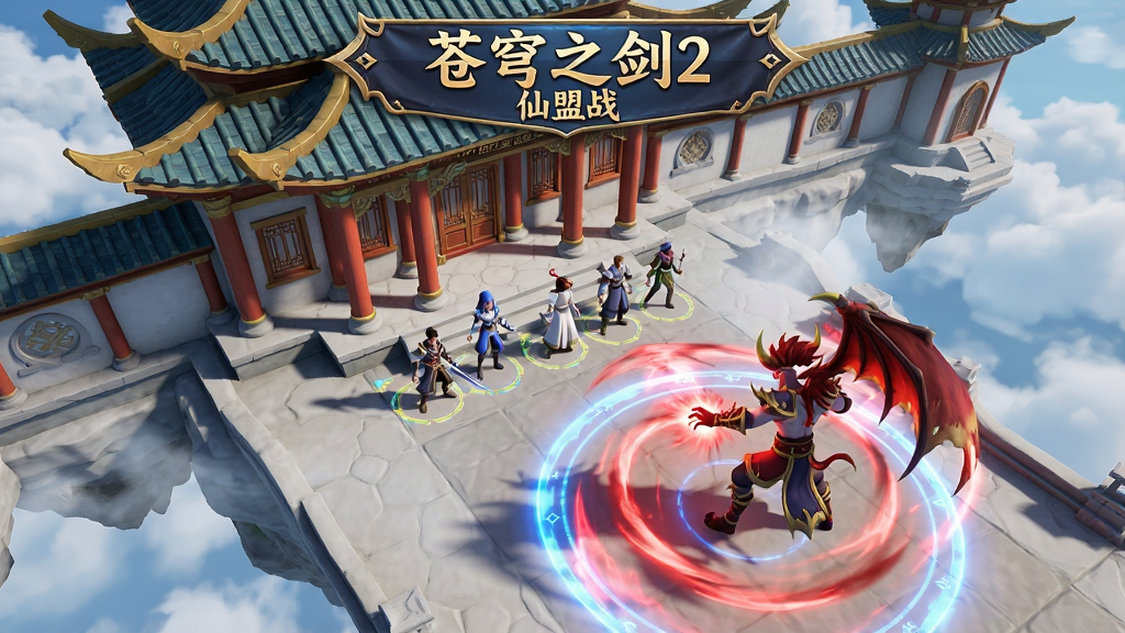 一座悬浮在云端的仙侠风格宫殿建筑,宫殿门口站着数位不同职业的玩家角色,前方有一位首领级怪物正在释放红色范围技能,地面有蓝色光圈提示安全区域,画面采用俯视视角,3D渲染风格,技能特效华丽,画质高清,干净,无多余元素,画面顶部有“苍穹之剑2”仙盟战横幅