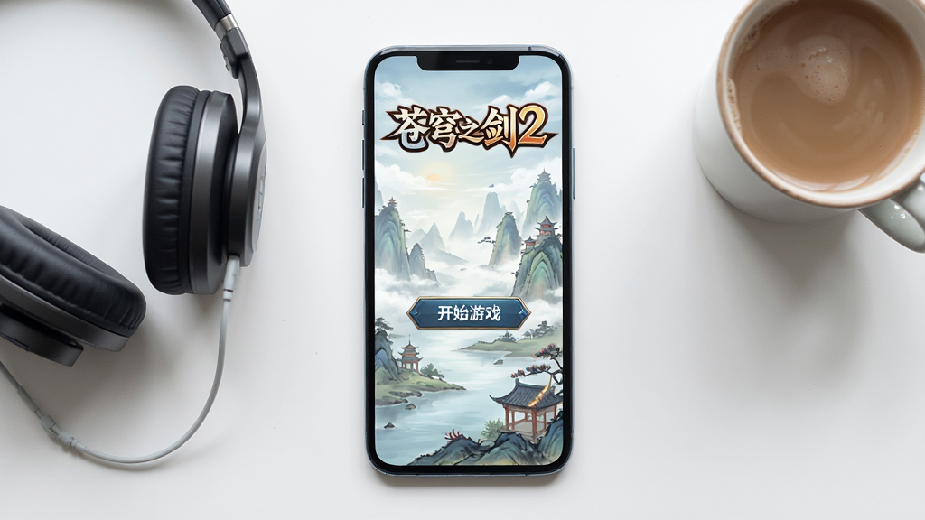 一部智能手机屏幕显示苍穹之剑2游戏登录界面,界面中央有“开始游戏”按钮,背景为仙侠山水画风格,手机旁边放着一副耳机和一杯饮料,画面采用俯视角度,简约清新风格,画质高清,干净,无多余元素,屏幕上方有“苍穹之剑2”游戏LOGO