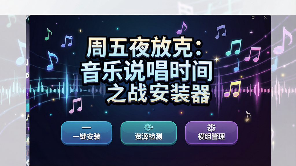 一款名为周五夜放克:音乐说唱时间之战安装器的安卓应用界面展示,画面中央是软件主界面,上方有醒目的软件名称文字周五夜放克:音乐说唱时间之战安装器,下方排列着一键安装、资源检测、模组管理三个功能按钮,背景采用深色渐变风格,点缀音符和节拍光效,整体布局简洁清晰,风格现代科技感,细节精致,画质高清,干净无多余元素