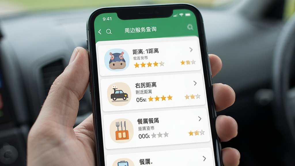 河马爱旅行 周边服务查询界面 主体为手机屏幕显示附近加油站与餐厅列表 布局列表式 排版整齐 风格生活化 细节包含距离标注与评分星级 画质清晰 干净 无多余元素