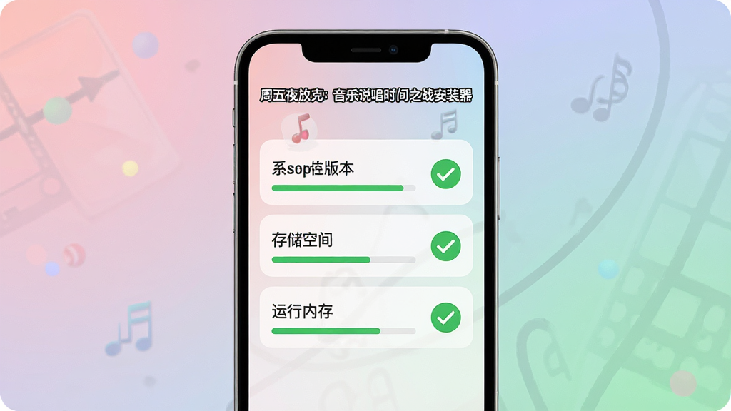 一幅展示周五夜放克:音乐说唱时间之战安装器环境检测界面的场景图,画面中央是手机屏幕显示系统版本、存储空间、运行内存三项检测指标,每项旁边有绿色通过标识,屏幕上方有周五夜放克:音乐说唱时间之战安装器文字,背景为柔和渐变色调,布局居中对称,风格清爽简约,细节精致,画质高清,干净无多余元素