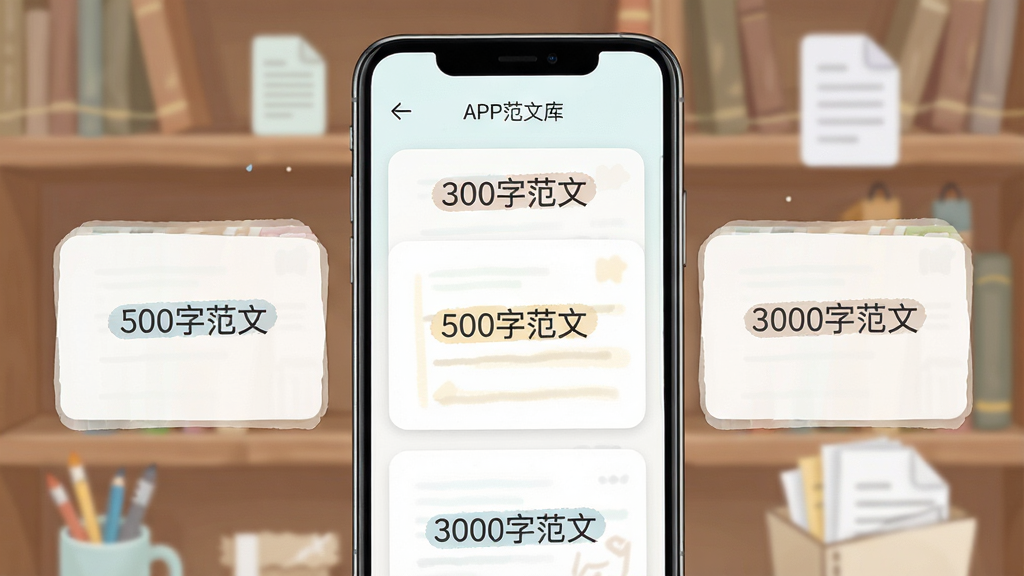 自传日记APP范文库界面,屏幕中展示多个自传范文卡片,卡片上标注“300字范文”“500字范文”“3000字范文”等标签,背景是书架和文档图标,界面采用卡片式布局,清新浅色风格,文字清晰可读,画面干净整洁,高清画质