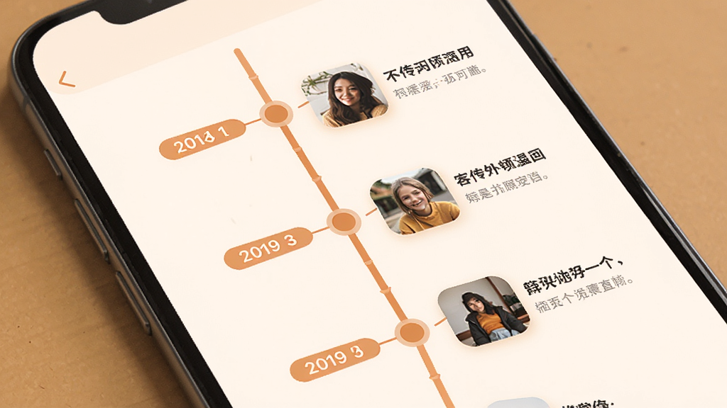 自传日记APP的时间轴界面,屏幕中显示一条垂直的时间线,时间线上标注着不同年份的节点,每个节点旁有照片缩略图和简短文字说明,整体呈现人生历程的视觉效果,界面采用柔和圆角设计,暖色系配色,画面干净无多余元素,高清画质