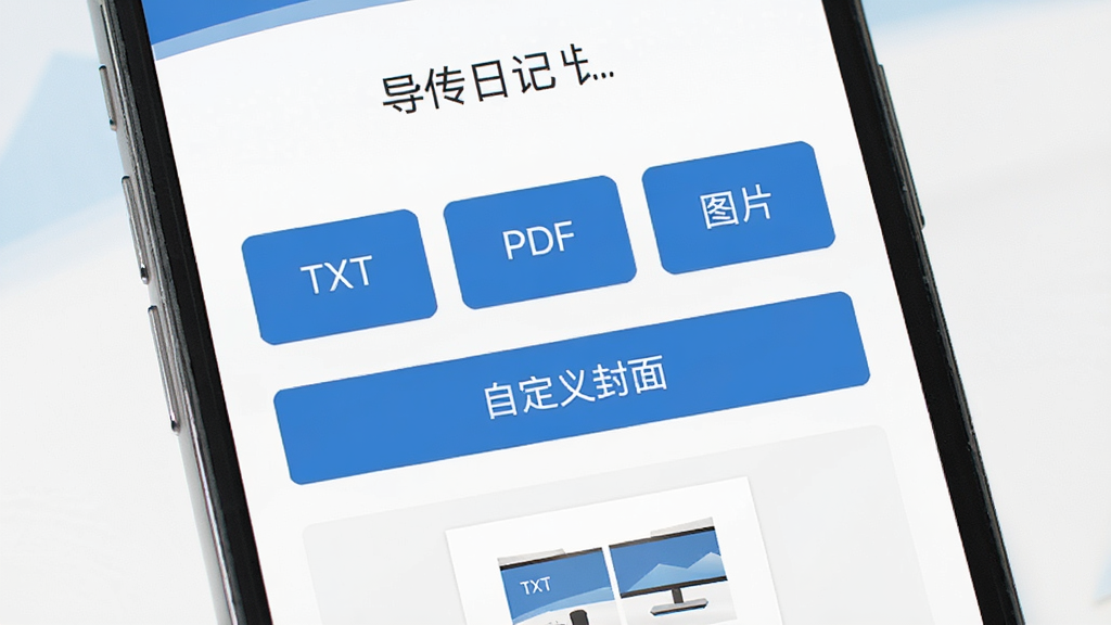 自传日记APP的导出界面,屏幕中显示导出格式选项按钮,包括“TXT”“PDF”“图片”三个选项,下方有“自定义封面”按钮和预览缩略图,界面设计简洁商务风格,蓝色主色调,画面干净整洁,高清画质