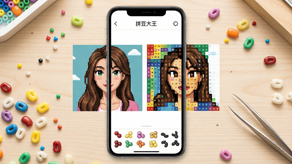 拼豆大王软件主界面展示,画面中央为手机屏幕,屏幕内显示彩色拼豆像素图纸生成界面,左侧为原图照片,右侧为转换后的拼豆网格图纸,底部排列多种颜色豆子图标,背景为浅木色手工桌面,桌面散落彩色拼豆豆子和镊子,整体风格清新明快,细节丰富,画质高清,干净无多余元素,画面中文字标注