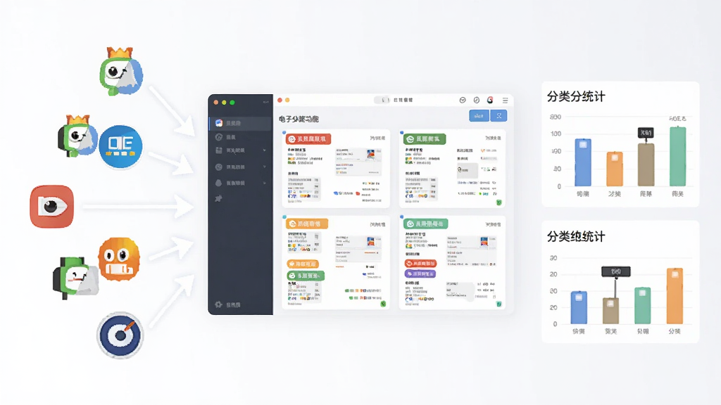 电子发票随身管家自动分类功能展示,画面左侧为多个来源图标指向中央的软件界面,界面内发票按彩色标签分组排列,右侧显示分类统计图表,风格扁平化,画质清晰,无多余元素