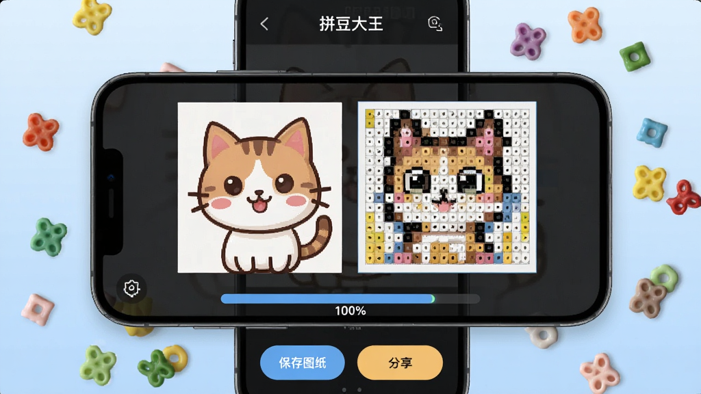 拼豆大王照片转图纸功能展示,画面主体为一部智能手机,屏幕中显示一张卡通猫咪照片正被转换为彩色拼豆像素网格图纸,转换进度条显示100%,屏幕下方出现保存图纸和分享按钮,手机周围环绕彩色拼豆豆子,背景为淡蓝色渐变,风格简约科技感,画质清晰,干净无多余元素,屏幕中文字显示